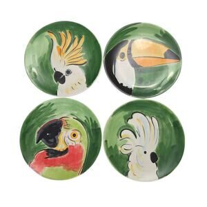 Set 4 Pottery Barn Tropical Parrots Plates Toucan Cockatiel Cockatoo Parrot